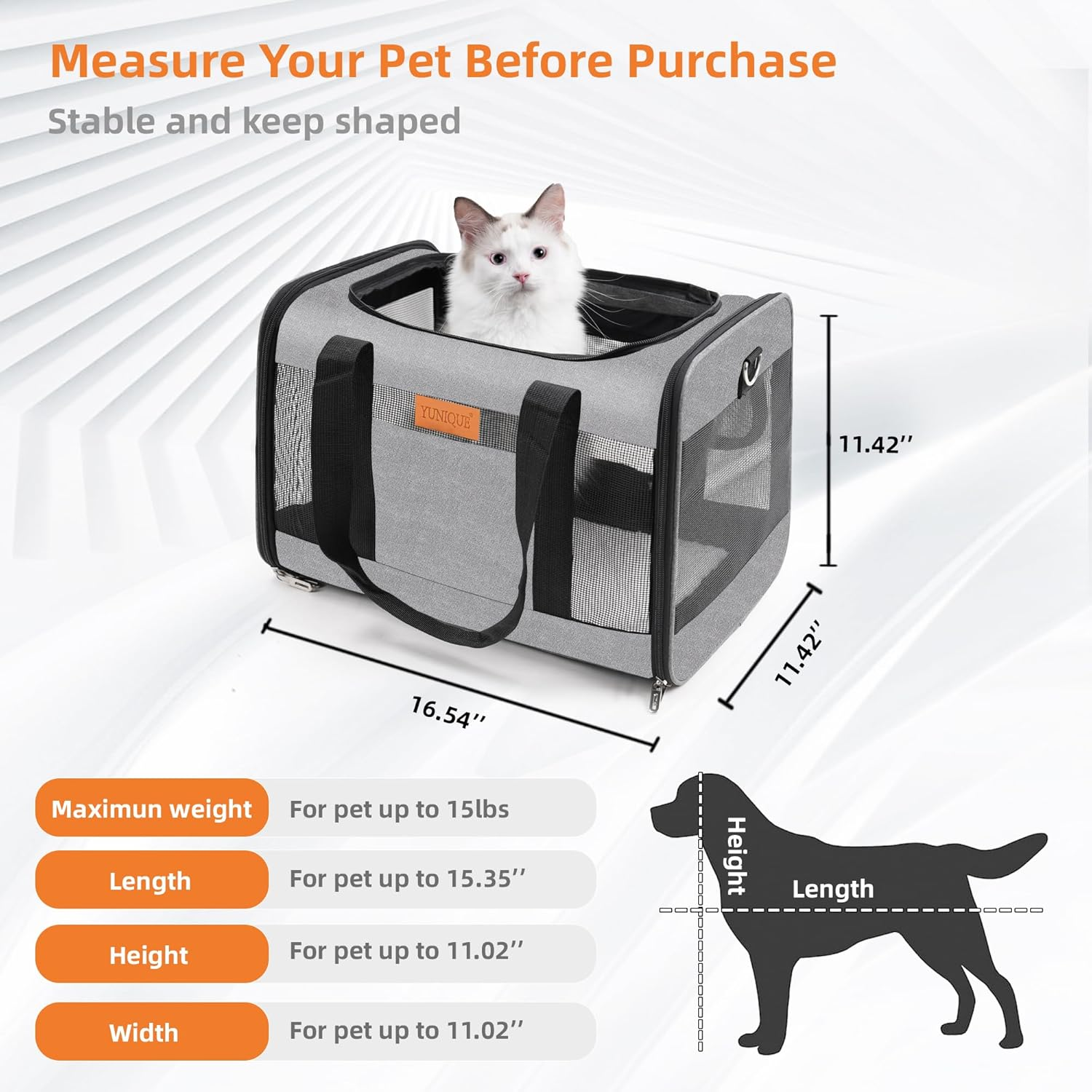 Soft-Sided Cat & Dog Carrier for Pets up to 15 Lbs, Airline Approved Collapsible Travel Puppy Carrier with Lightweight Fabric Design (Grey) - Image 5