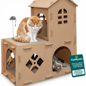 Farmhouse Multi-Level Cardboard Cat House for Indoor Cats with Catnip & Toys, Double-Walled Corrugated Scratcher Designed for Lounging, Play & Comfort, One Size, Cardboard, Brown