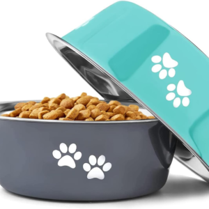 Stainless Steel Dog Bowls 2 Pack Medium Large Dogs Feeding Food Water Bowl with Non-Slip Silicone Sole, Stainless Steel Dog Dishes Elevated Raised Pet Feeder (Green+Grey, L(6.6 Cups))