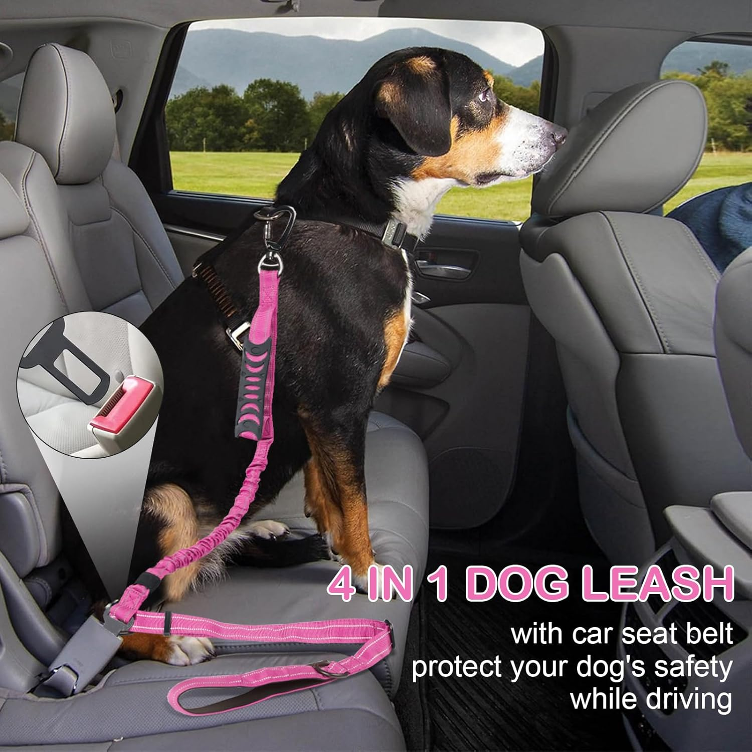 Heavy Duty Dog Leash for Medium Large Dogs That Pull,4-6Ft Shock Absorbing Bungee Tactical Dog Leash with Control Padded Handle and Car Seatbelt, Reflective Lead for Walking Training,Pink - Image 3