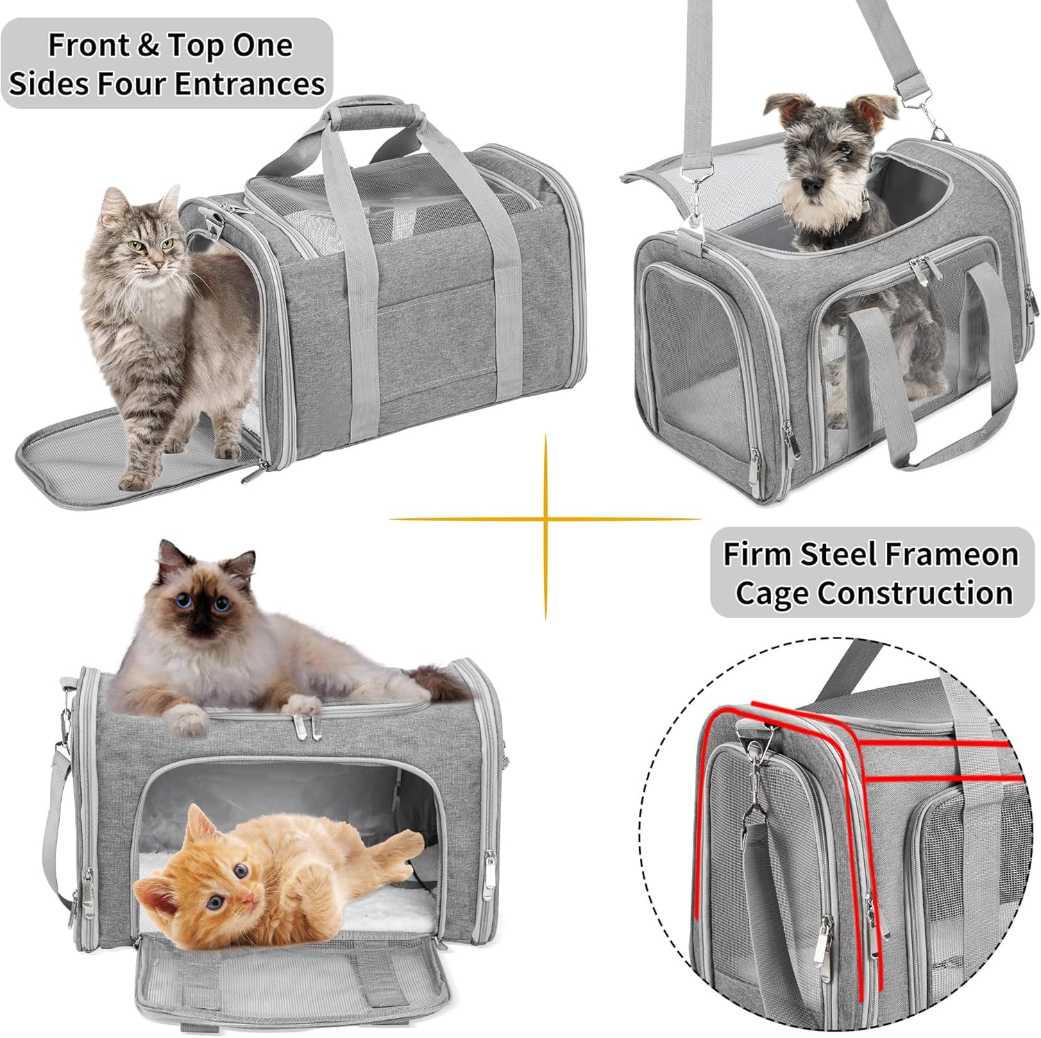 Soft-Sided Cat/Dog/Pet Carrier, Collapsible Pets Travel Carriers for Big Cats/Small Dogs with Shoulder Strap & Removable Mat, Mesh Puppy Carry Bag, up to 16 Lbs, TSA Airline Approved(Gray) - Image 5
