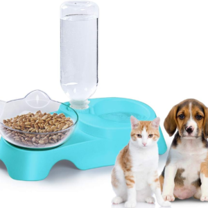 Double Dog Cat Bowls - Pets Water and Food Bowl Set, 15°Tilted Water and Food Bowl Set with Automatic Waterer Bottle for Small or Medium Size Dogs Cats