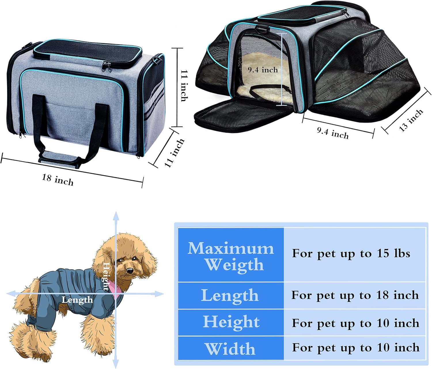 Cat Dog Carrier - Airline Approved Expandable Soft-Sided Pet Carrier with Removable Fleece Pad and Pockets, for Cats/Puppy and Small Animals Large(2 Side Expandable) - Image 2