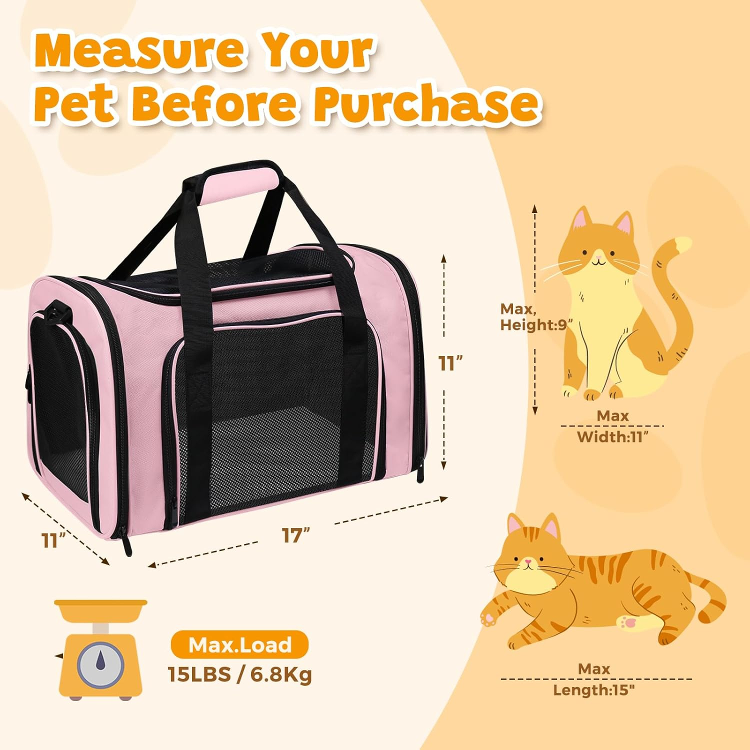Cat Carrier Soft for Pets up to 15 Lbs, Cat Travel Bag Soft-Sided with Padded Shoulder Strap, Pet Dog Carriers for Small Dogs Travel Puppy Carry Airline Approved, Pink - Image 2