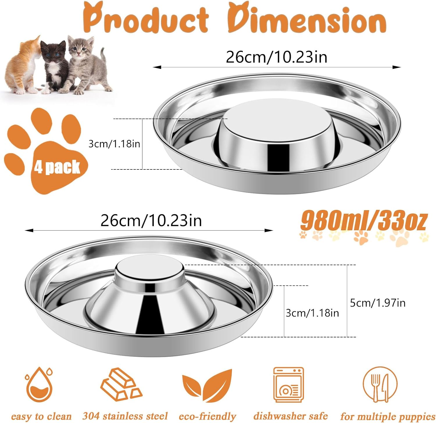 4 Pack Stainless Steel Puppy Bowls, Puppy Feeding Bowls for Litter, 10.2" Metal Dog Food and Water Bowl Set for Small Dogs Cats, Puppys Feeders for Multiple Puppies Kittens, Whelping Supplies - Image 2