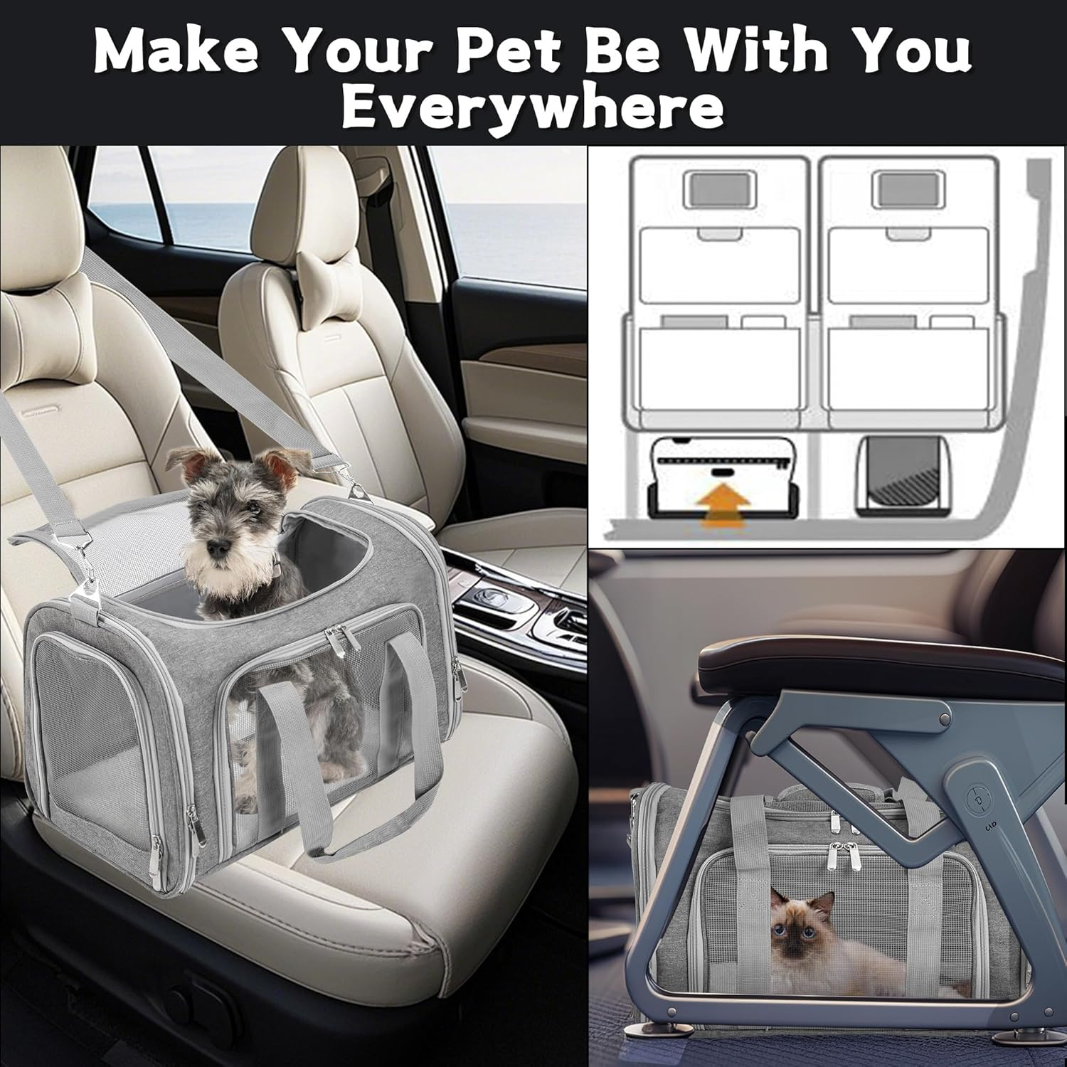 Soft-Sided Cat/Dog/Pet Carrier, Collapsible Pets Travel Carriers for Big Cats/Small Dogs with Shoulder Strap & Removable Mat, Mesh Puppy Carry Bag, up to 16 Lbs, TSA Airline Approved(Gray) - Image 7