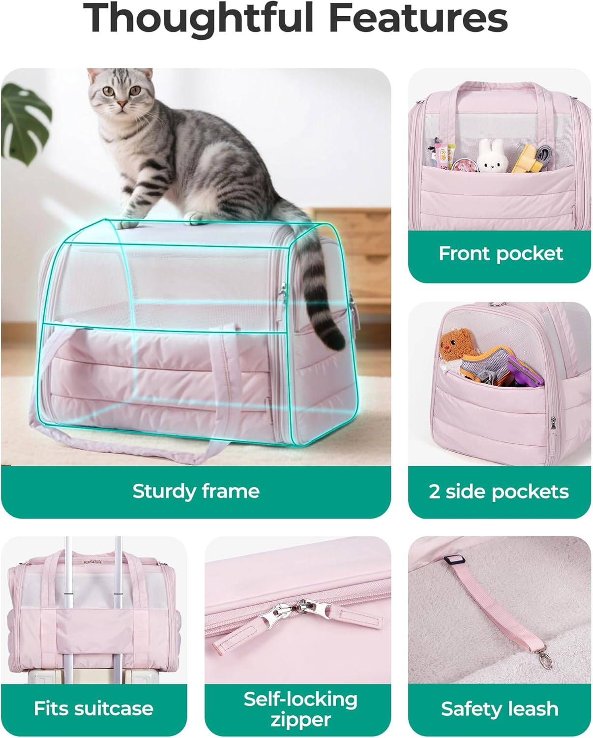 Cat Carrier: Soft-Sided Pet Carrier for Small Medium Cats Dogs Puppy Quilted Collapsible Puffy Travel Bag up to 20 Lbs Pink - Image 6