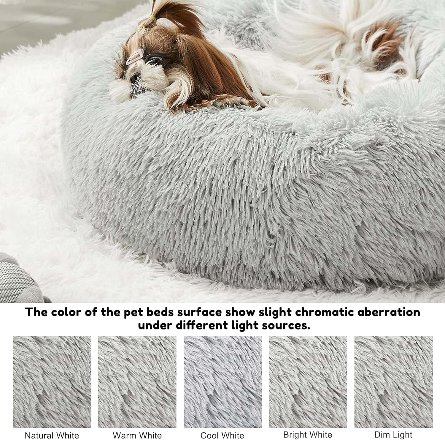 Calming Dog & Cat Bed, round Soft Anti-Anxiety Donut Cuddler Warming Cozy Fluffy Faux Fur Plush Cushion Bed for Small Medium Dogs and Cats (20"/24"/27"/30"), Smoke Grey - Image 4