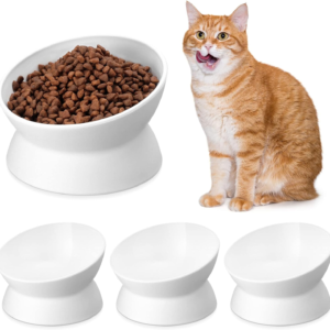 4 Pcs Elevated Cat Food Bowls Plastic Raised Cat Bowls Tilted Pet Feeding Water Dish Protect Pets' Spines Whisker Friendly anti Vomiting Dish for Flat Faced Indoor Kitten(White)