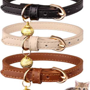 3 Pack Leather Cat Collars with Bells Soft Pet Safety Collar Kitten Collars with Bell Black Chocolate Beige(S)