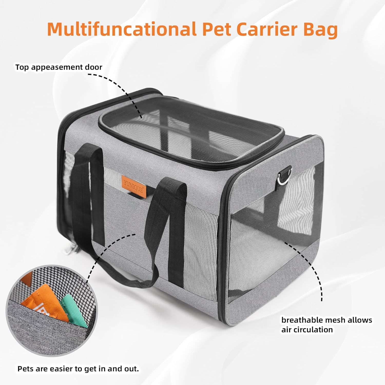 Soft-Sided Cat & Dog Carrier for Pets up to 15 Lbs, Airline Approved Collapsible Travel Puppy Carrier with Lightweight Fabric Design (Grey) - Image 6