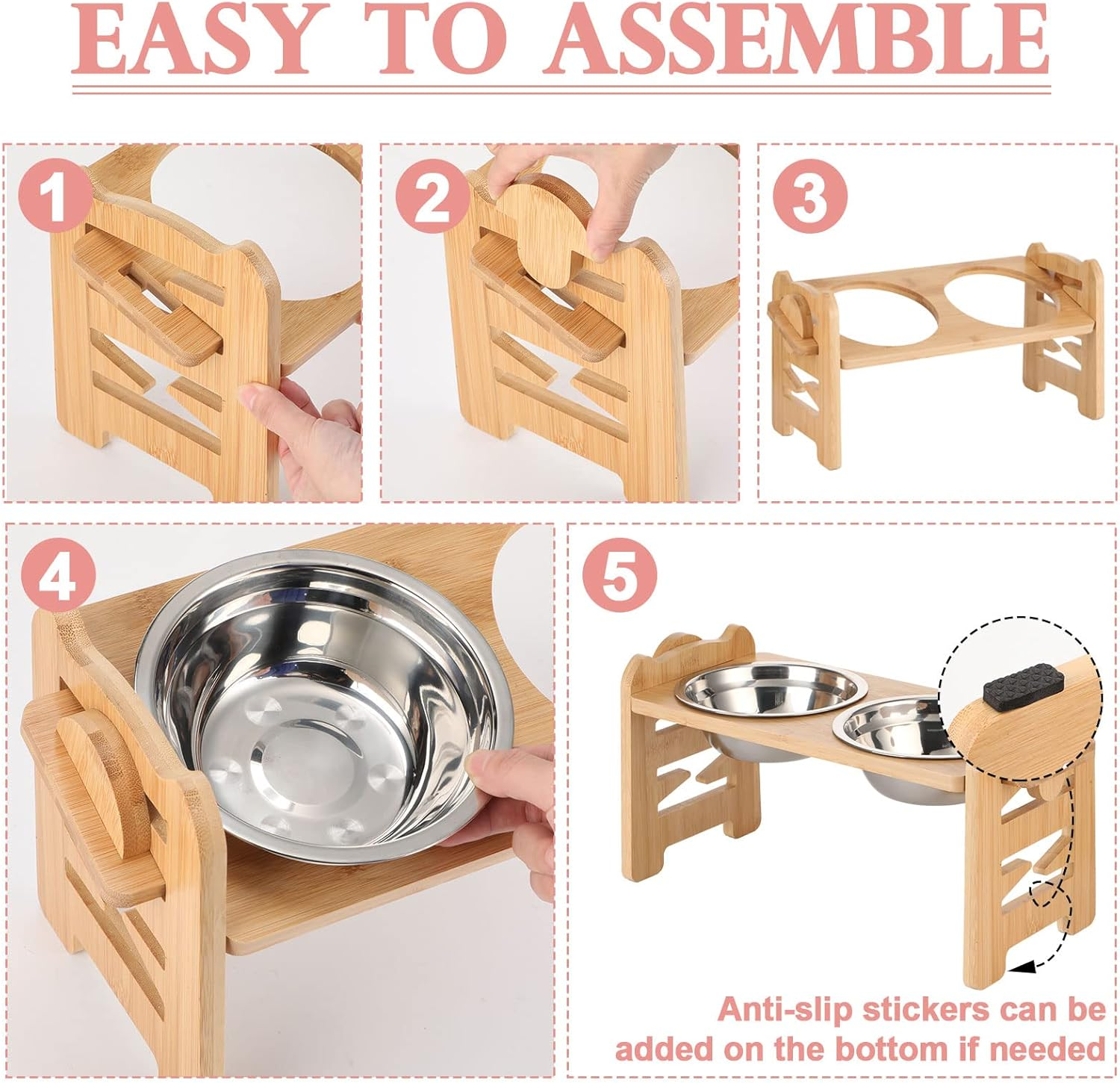 2 Set Elevated Dog Cat Bowls, 15 Tilted Raised Pet Bowl for Puppy and Cats Adjustable Dog Food Feeding Dishes Wood Stand Pet Feeder with Stainless Steel and Non Slip Feet - Image 5