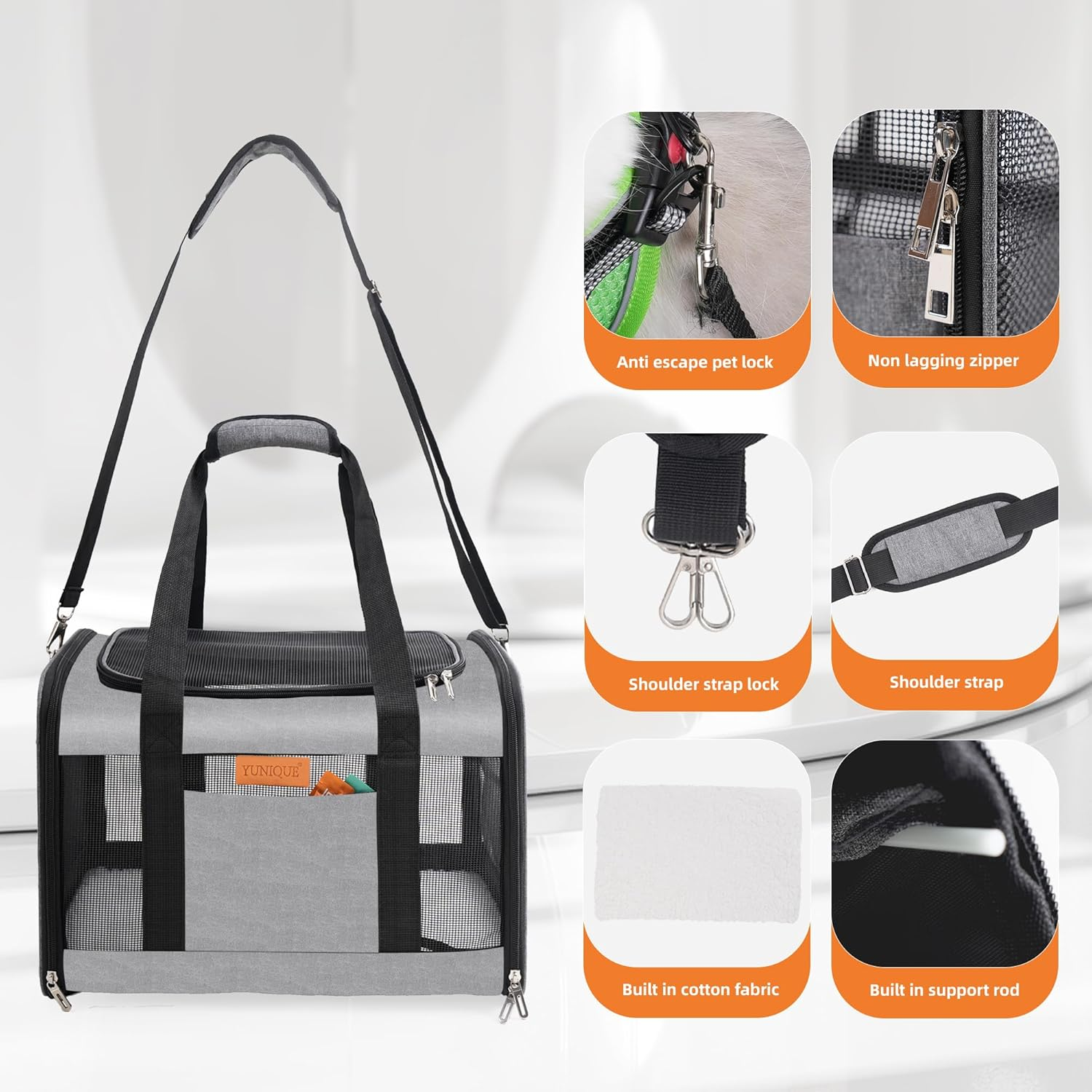 Soft-Sided Cat & Dog Carrier for Pets up to 15 Lbs, Airline Approved Collapsible Travel Puppy Carrier with Lightweight Fabric Design (Grey) - Image 8