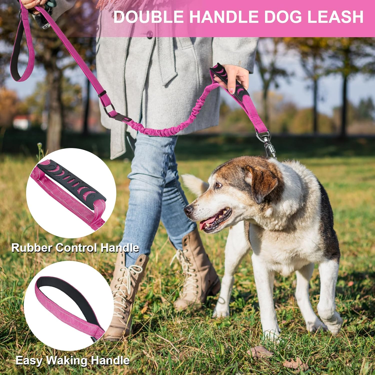 Heavy Duty Dog Leash for Medium Large Dogs That Pull,4-6Ft Shock Absorbing Bungee Tactical Dog Leash with Control Padded Handle and Car Seatbelt, Reflective Lead for Walking Training,Pink - Image 2