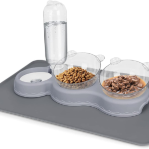 Triple Cat Bowls for Food and Water,  Plastic Raised Cat Bowls with Automatic Water Bottle & Waterproof Mat for Cats/Small Dogs, 3 in 1 Pet Feeder for Wet/Dry Food