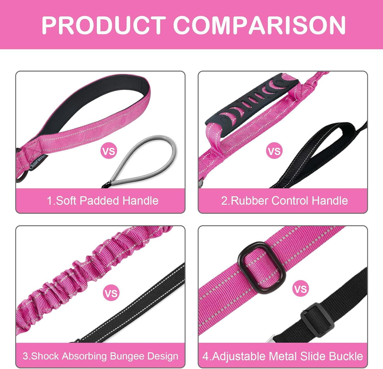 Heavy Duty Dog Leash for Medium Large Dogs That Pull,4-6Ft Shock Absorbing Bungee Tactical Dog Leash with Control Padded Handle and Car Seatbelt, Reflective Lead for Walking Training,Pink - Image 8