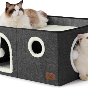Large Cat Beds for Indoor Cats - Extra Wide Cat Cube House for Small Pet with Fluffy Ball Hanging and Scratch Pad, Foldable Pet Cave Hideaway for Multiple Cats, 23.6X16.9X13 Inches, Dark Grey