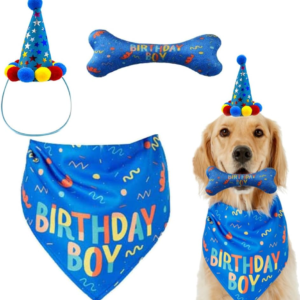 Dog Birthday Boy Bandana Hat Toy Set - Pet Party Supplies, Triangle Bibs with Cute Bone Scarf Accessories and Decoration for Large Doggy - Blue