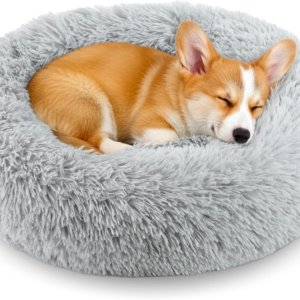 Calming Anti-Anxiety Donuts Dog and Cat Bed, round Fluffy Soft Washable Small Medium Pet Bed for Puppy and Kitten, Cuddler Warming Comfortable Cushion, Luxury Anti-Slip Waterproof Mute Base 20In Gray