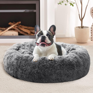 Calming Dog Bed for Small Dogs - 23 Inches Donut Washable Small Dog Bed for Kittens & Puppies, Anti-Slip round Fluffy Plush Faux Fur Cat Beds (Fits up to 25 Lbs Pets, Smoke Black)