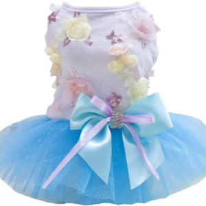 Puppy Skirt Dog Dresses for Small Dogs Princess Tutu Flower Sequin Dot Wedding Lace Luxury Bow Dresses for Small Dogs Girls Cats (S, Blue)