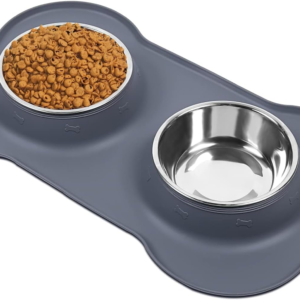 Dog Food Bowls Stainless Steel Dog Food and Water Bowl Set, Dog Dishes No Spill Non Slip Silicone Mat, Dog Bowls for Small Medium Size Dogs Cat Puppy Pet Food Feeding Bowls, Grey, 12Oz