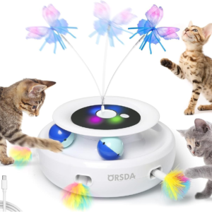 Cat Toy, 3-In-1 Automatic Interactive Electronic Moving Ambush Feather, Fluttering Butterfly, Track Balls, USB Rechargeable Powered Smart Indoor Exercise Kicker