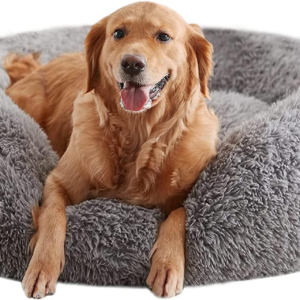 Calming Dog Beds for Large Dogs, Faux Fur Donut Cuddler Dog Bed, round Fluffy Pillow, Washable Pet Bed for Dogs up to 80Lbs, 36Inch