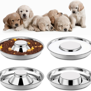 4 Pack Stainless Steel Puppy Bowls, Puppy Feeding Bowls for Litter, 10.2" Metal Dog Food and Water Bowl Set for Small Dogs Cats, Puppys Feeders for Multiple Puppies Kittens, Whelping Supplies