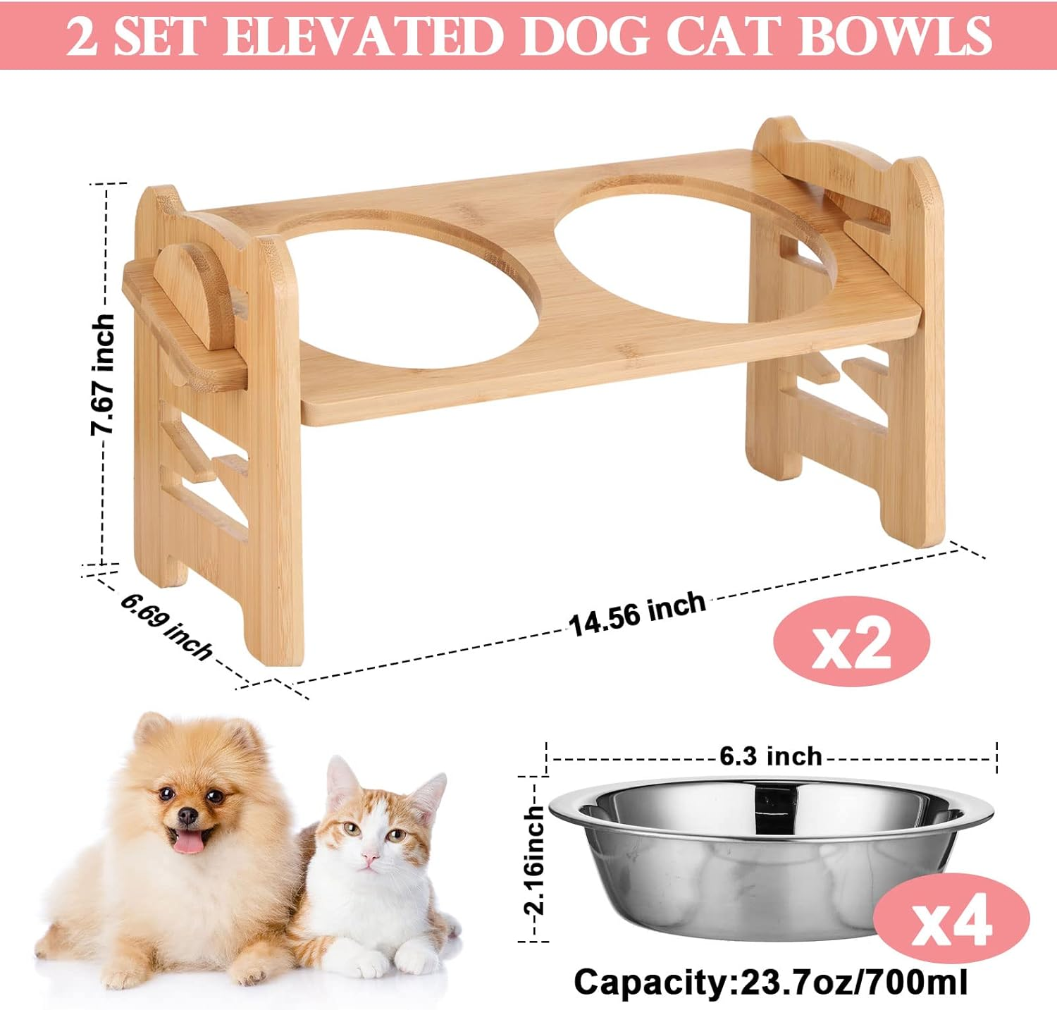 2 Set Elevated Dog Cat Bowls, 15 Tilted Raised Pet Bowl for Puppy and Cats Adjustable Dog Food Feeding Dishes Wood Stand Pet Feeder with Stainless Steel and Non Slip Feet - Image 2