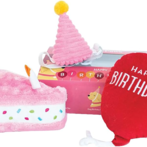 Birthday Box - Dog Squeaky Toys to Keep Them Busy, Funny Food Plush for Small, Medium, & Large Dogs, Cute Stuffed Puppy Toy & Hat, Pet Products, Gift for Dogs of All Breeds - 3-Pack, Pink