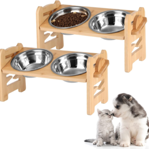 2 Set Elevated Dog Cat Bowls, 15 Tilted Raised Pet Bowl for Puppy and Cats Adjustable Dog Food Feeding Dishes Wood Stand Pet Feeder with Stainless Steel and Non Slip Feet