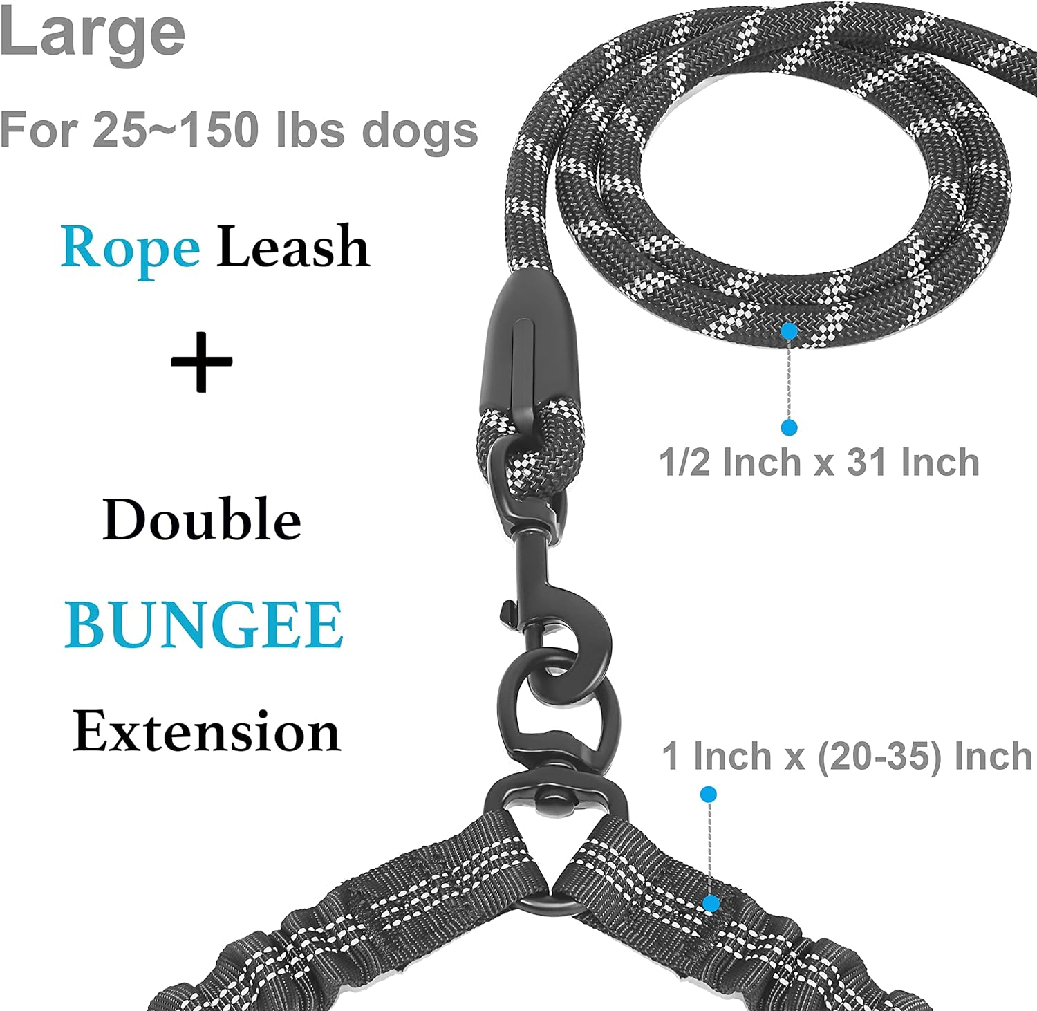 Dual Dog Leash - 360° Swivel, No Tangle Walking Leash with Shock Absorbing Bungee for Two Dogs (Large, 25-150 Lbs, Black) - Image 2