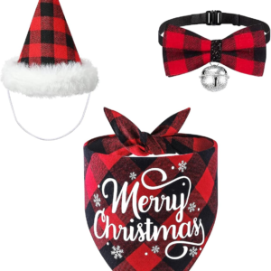 3Pcs Christmas Dog Costumes Classic Buffalo Plaid Xmas Dog'S Outfit Clothes Bandana Hat Bowtie Scarf Kerchief Triangle Bib Accessories for Small Medium Dogs
