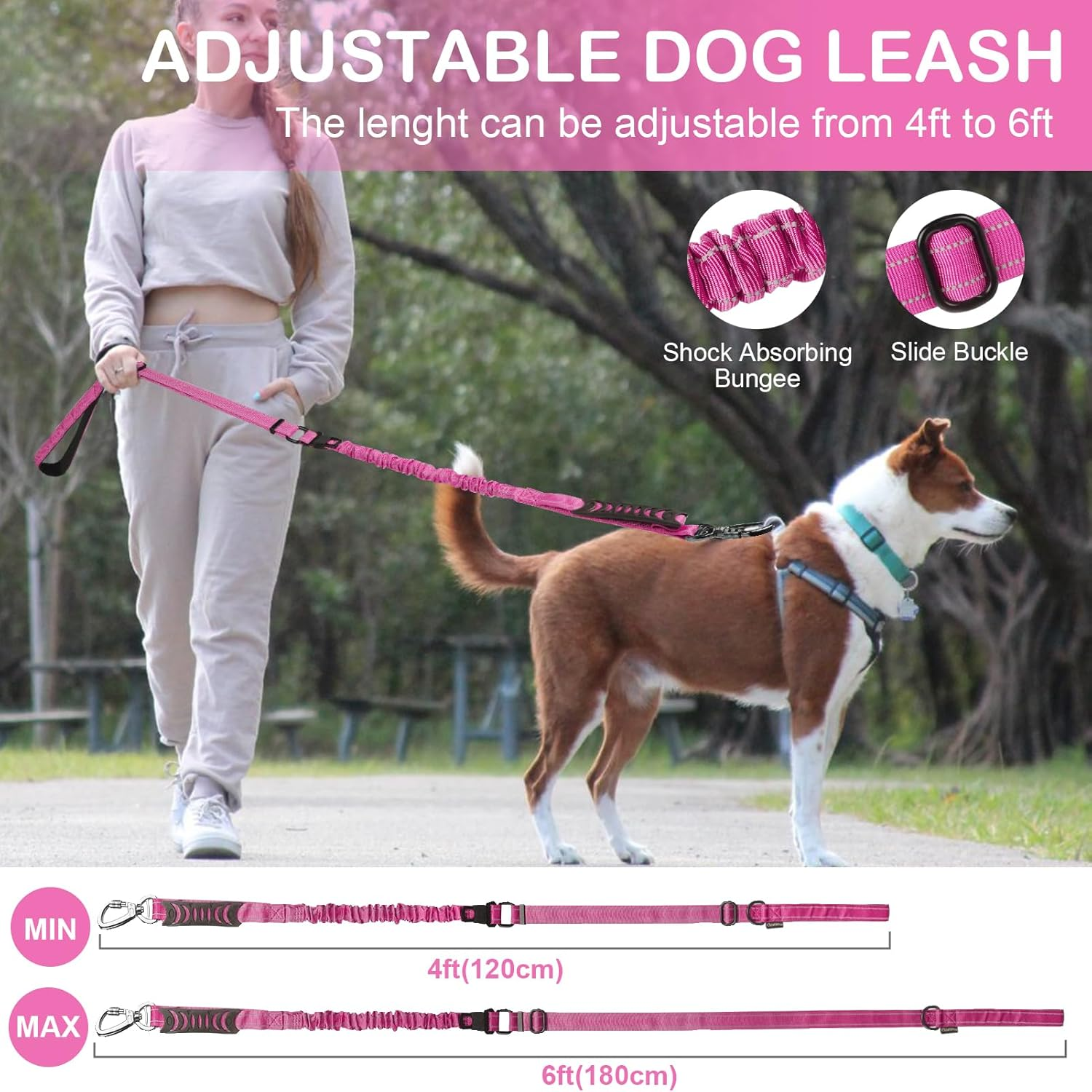 Heavy Duty Dog Leash for Medium Large Dogs That Pull,4-6Ft Shock Absorbing Bungee Tactical Dog Leash with Control Padded Handle and Car Seatbelt, Reflective Lead for Walking Training,Pink - Image 4