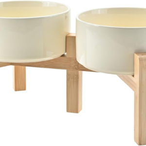 Elevated Dog Bowls Ceramic, 6.1'' Dogs and Cat Food Water Bowls Raised with Non-Slip Bamboo Stand for Medium Sized Breed Microwave Dishwasher Safe - 28.7 Oz,Beige