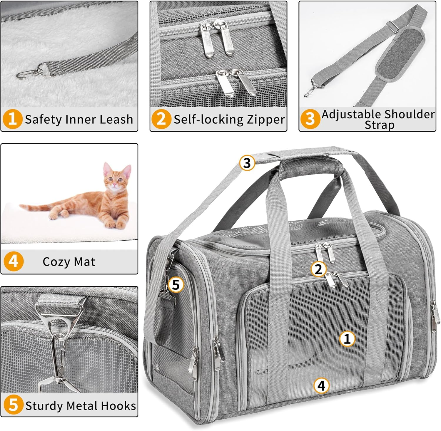 Soft-Sided Cat/Dog/Pet Carrier, Collapsible Pets Travel Carriers for Big Cats/Small Dogs with Shoulder Strap & Removable Mat, Mesh Puppy Carry Bag, up to 16 Lbs, TSA Airline Approved(Gray) - Image 4