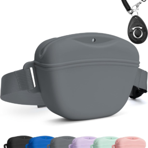 Dog Treat Pouch with Training Clicker, Upgrade Stronger Magnetic Closure to Avoid Spilling, 1.67 Cup Silicone Treat Bag Fanny Pack with Waist Belt for Pet Training Walking (Grey)